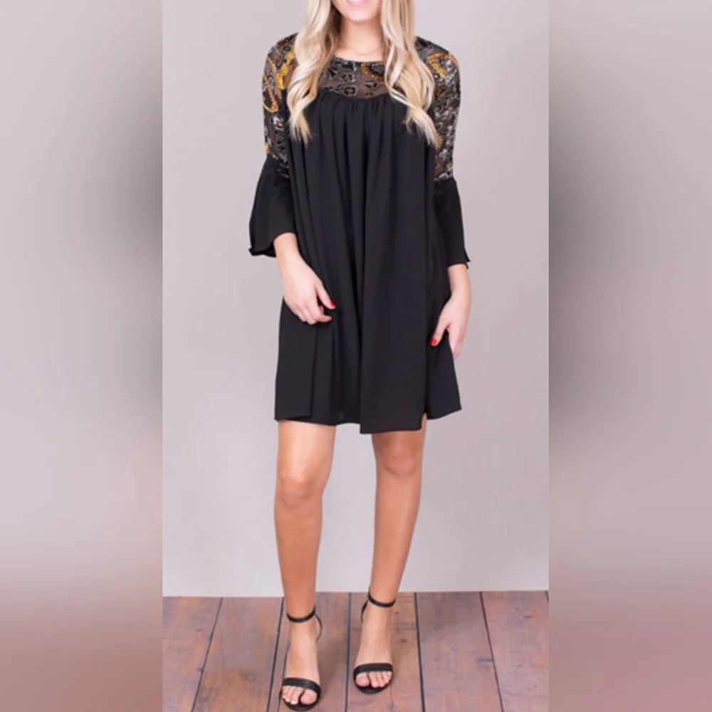 XL UMGEE Cotton Blend Black & Colorful Sheer Velour Bell Sleeve Midi Dress - Picture 1 of 8